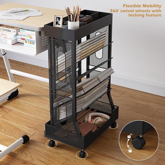 Book Cart with Wheels Mobile Bookshelf Rolling Bookshelf Organizer Bookcase - Image 3