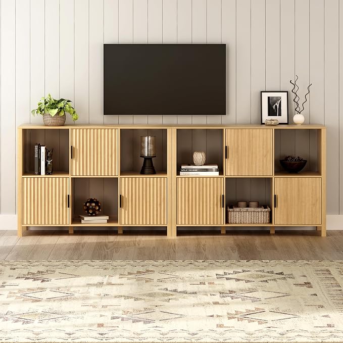 Fluted Storage Bookshelf Set of 2, Modern Wooden 6 Cube Bookcase by MoomJiee
