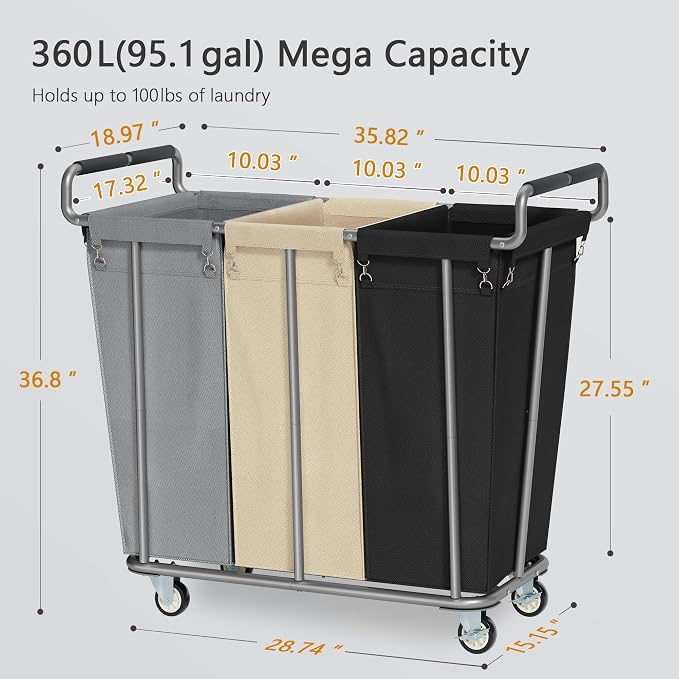 Large laundry hamper with Wheels, 360L 3 Bag Big Rolling Laundry Hamper Sorter - Image 3