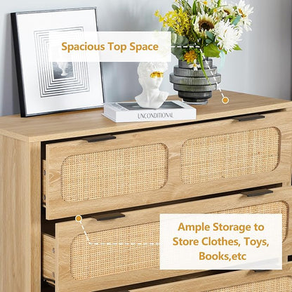 LEVNARY 5 Drawer Chest Dresser, Rattan Tall Dresser 5 Chest of Drawers Dressers - Image 5