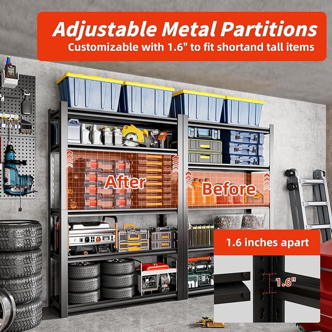 36" W Garage Shelving, 5-Tier Heavy Duty Shelving Unit, 3000LBS Adjustable - Image 4