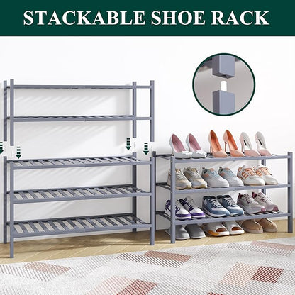 Smiry Bamboo Shoe Rack for Closet, 3 Tier Wooden Stackable Shoe Organizer - Image 4