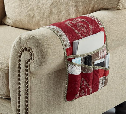 Brilliant Sunshine Burgundy Floral Patchwork Couch Armrest 5 Pockets Organizer - Image 2