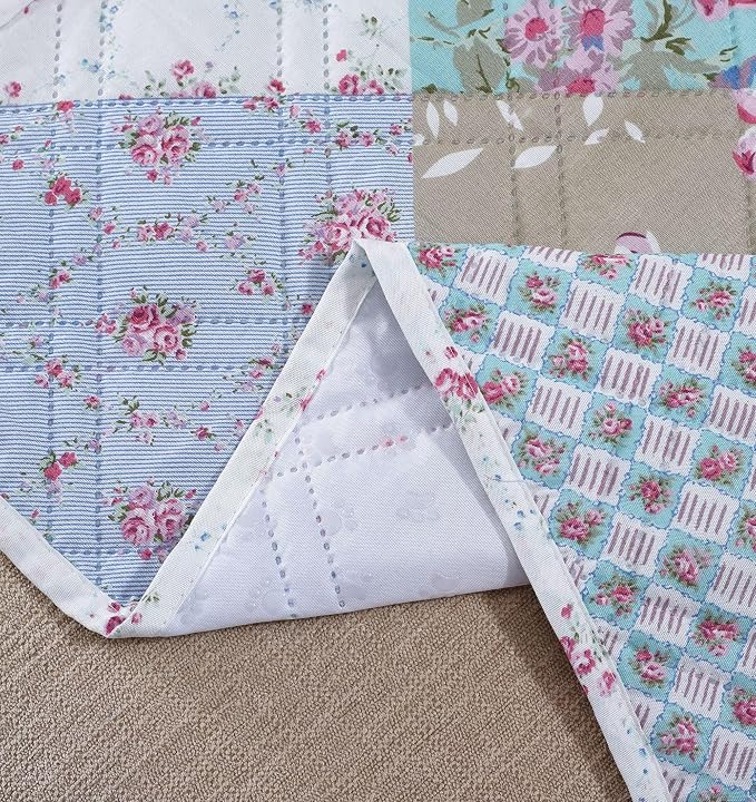 Brilliant Sunshine Blue and Green Rose Patchwork Couch Armrest 5 Pockets - Image 4