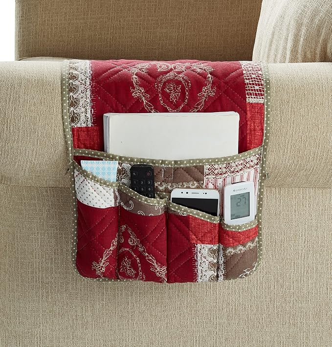 Brilliant Sunshine Burgundy Floral Patchwork Couch Armrest 5 Pockets Organizer by BrilliantSunshine