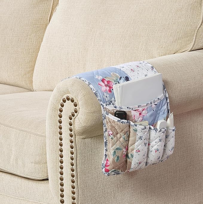 Brilliant Sunshine Pink and Blue Roses Toile Couch Armrest 5 Pockets Organizer - Image 6