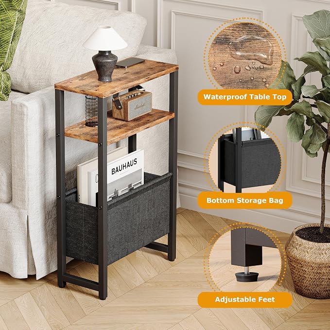 Narrow Side Table with Charging Station Slim End Table Sofa with Magazine Rack - Image 6
