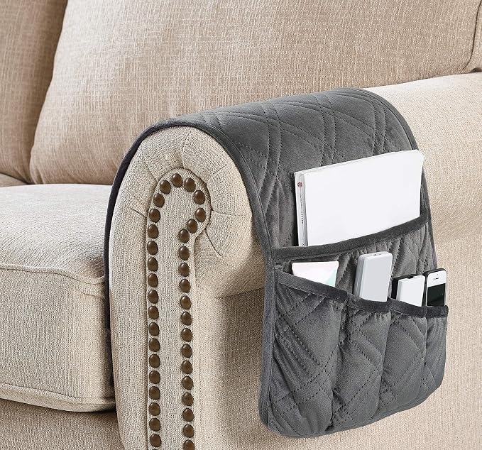 Brilliant Sunshine Grey Velvet Couch Sofa Armrest 5 Pockets Organizer, Slip - Image 6