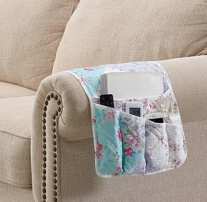 Brilliant Sunshine Blue and Green Rose Patchwork Couch Armrest 5 Pockets - Image 2