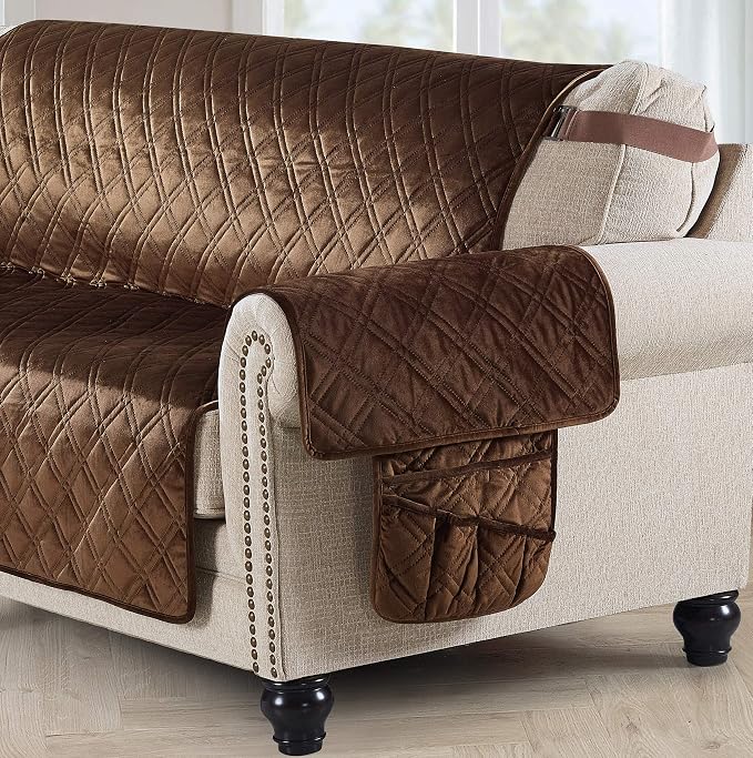 Brilliant Sunshine Chocolate Velvet Couch Armrest 5 Pockets Organizer, Slip - Image 7